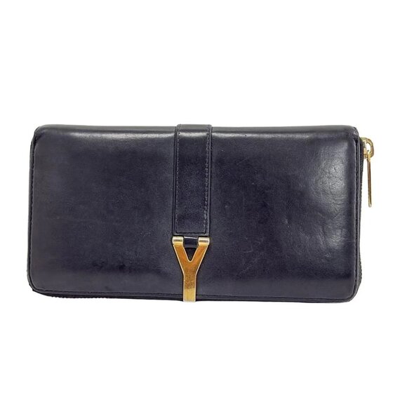 Auth SAINT LAURENT PARIS Y Line Black Leather Long Wallet - Picture 1 of 5